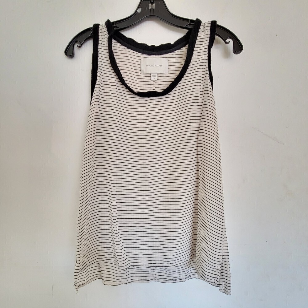 Brochu Walker 100% Silk Striped Ivory Cream Black Trim Sleeveless Tank Blouse Sm